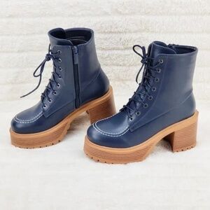 *Unilady Navy Blue Wood Look 3" Chunky Platform Combat Boots